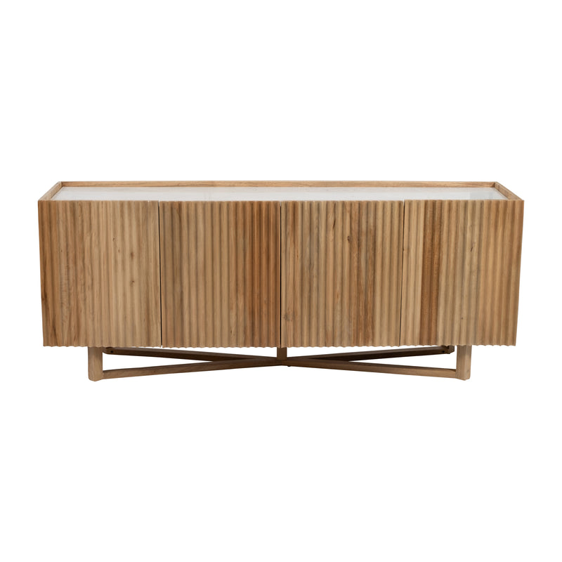 WOOD/MARBLE, 69"L 4-DOOR FLUTED SIDEBOARD, NATURAL