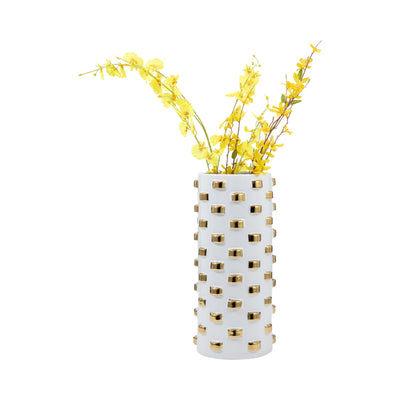 Stoneware, 11" Cylinder Vase, White/gold