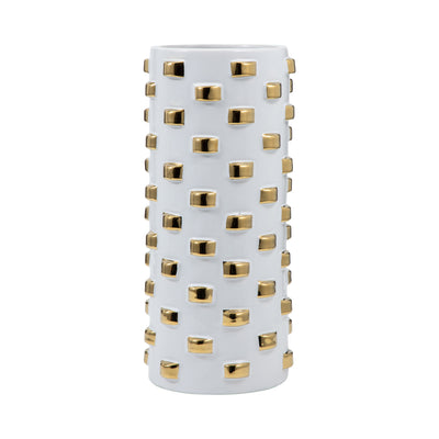 Stoneware, 11" Cylinder Vase, White/gold